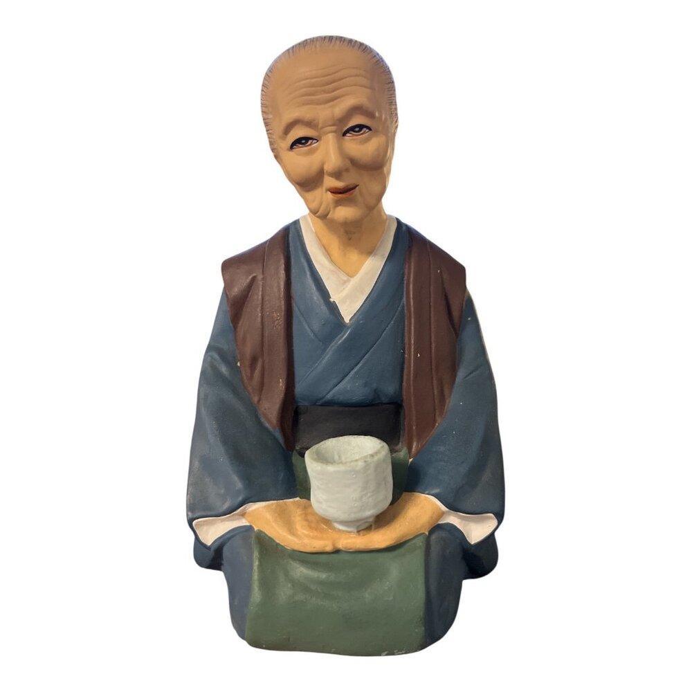 Vintage Tilso Japan Figurine – Elderly Woman with Teacup – Hand Painted Mid-Cent